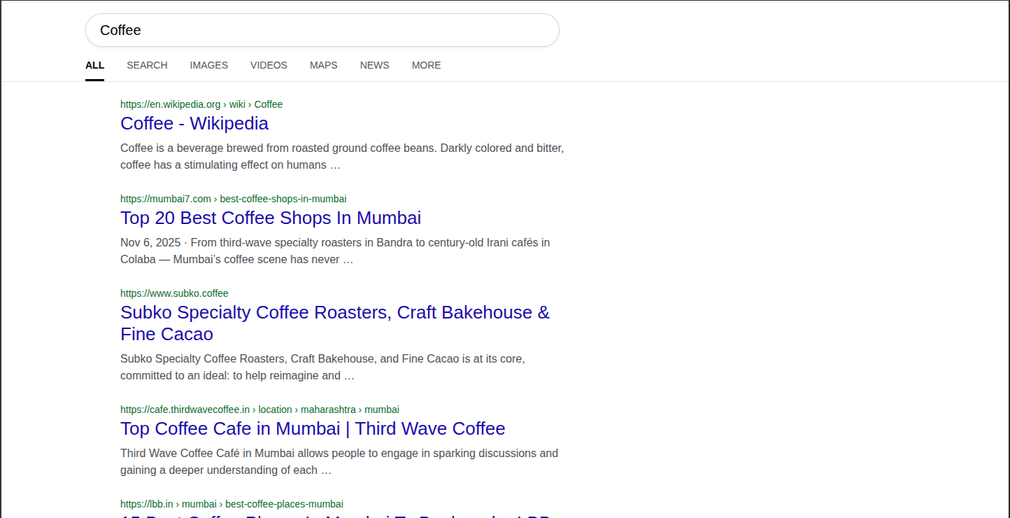 Bing web search results