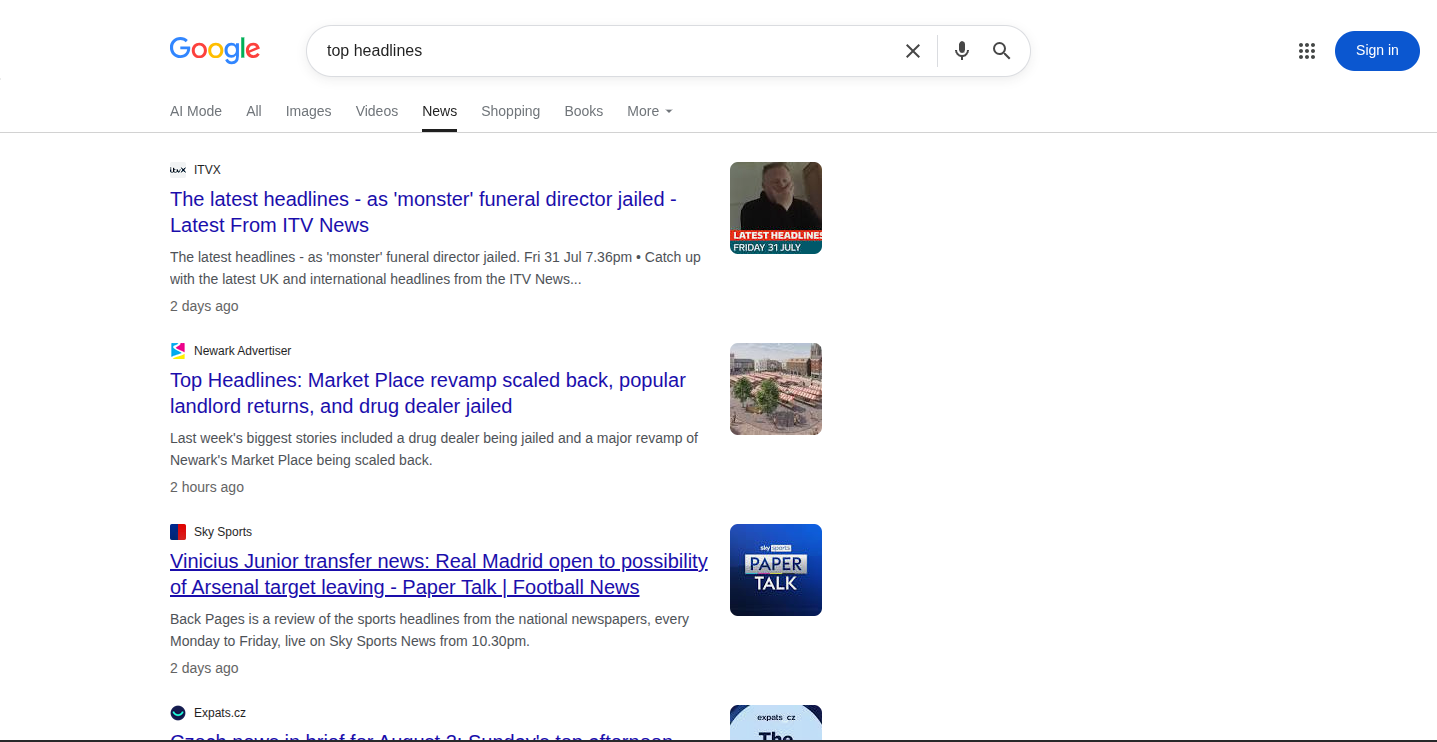 Google news search results
