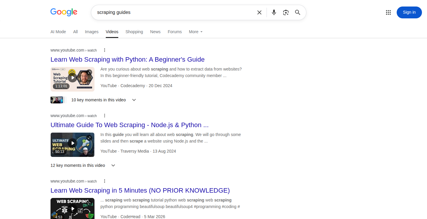 Google video search results